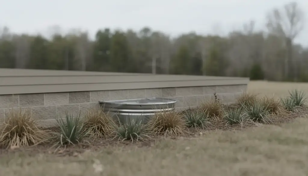 A low block foundation wall with a dry planting bed along a Maryland lawn