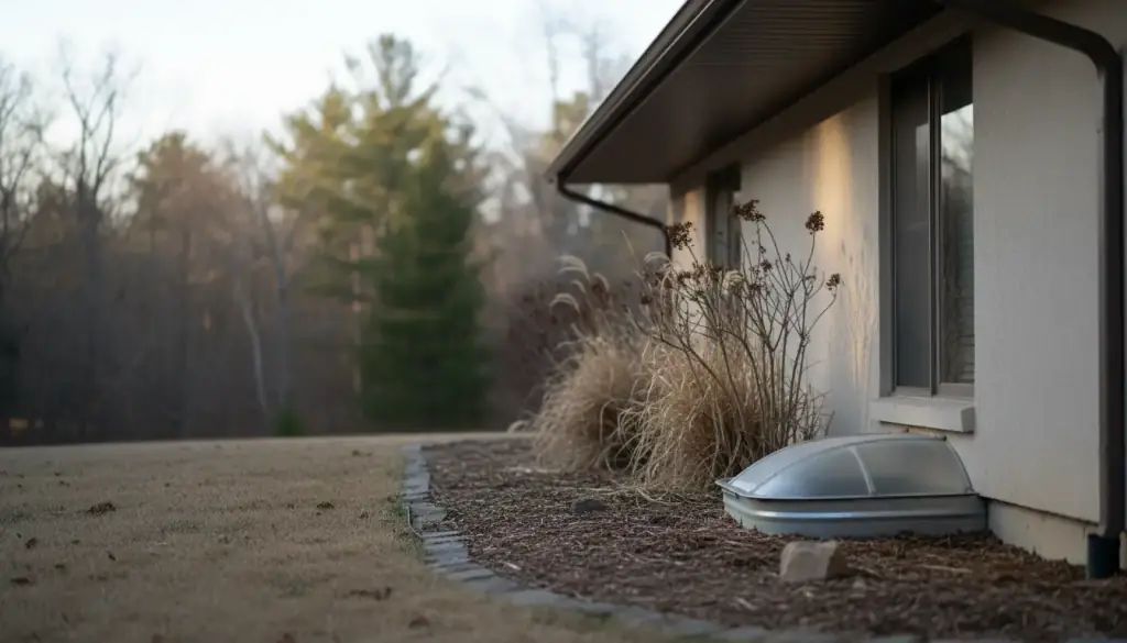 The side of a house where the foundation, a window-well cover and a dry shrub bed meet the lawn