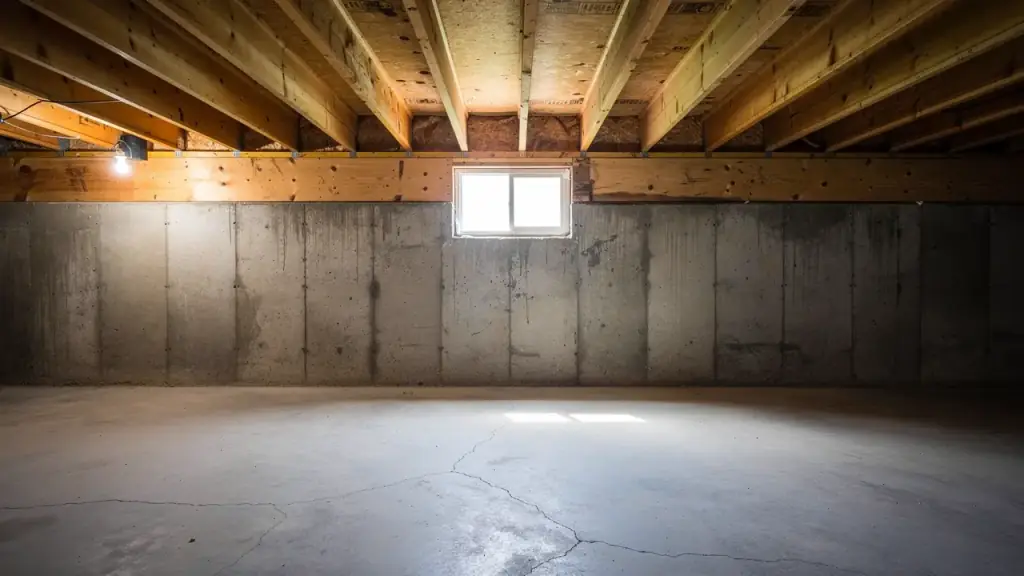 An unfinished basement where the concrete foundation wall meets the wooden sill plate and joists