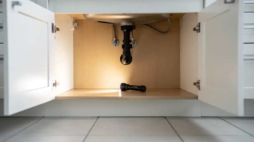 An open kitchen under-sink cabinet with a flashlight lighting the gap around the pipe, a common pest entry point checked during an inspection
